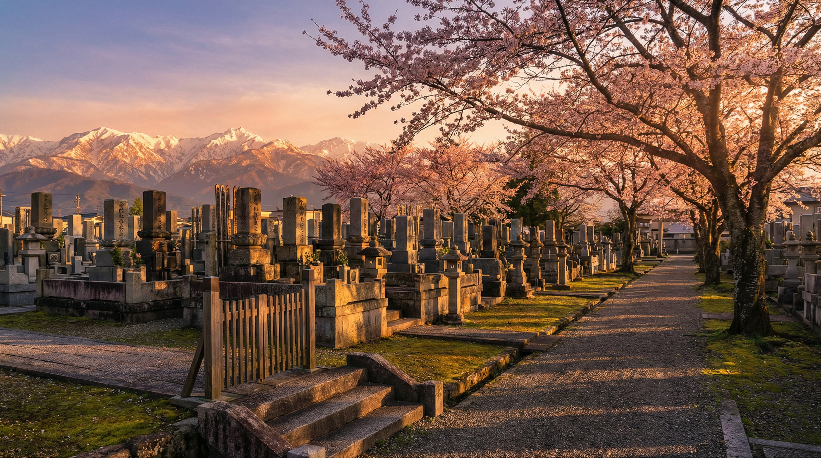 立山連峰を背景にした墓地の風景